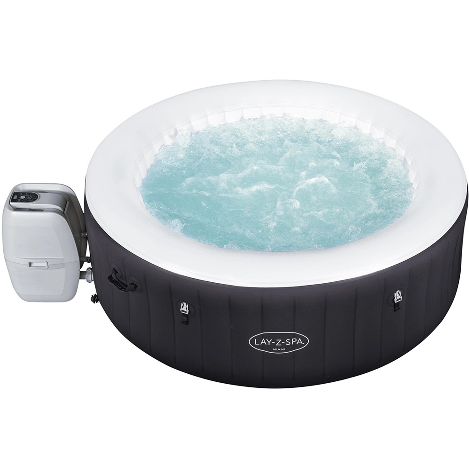 Bestway Lay-Z-Spa Miami AirJet, aufblasbarer, runder Whirlpool in Schwarz mit Pumpe und sprudelndem Wasser.