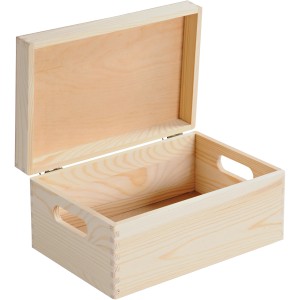 Offene Kesper Allzweckkiste aus Kiefernholz mit Deckel und Tragegriffen.