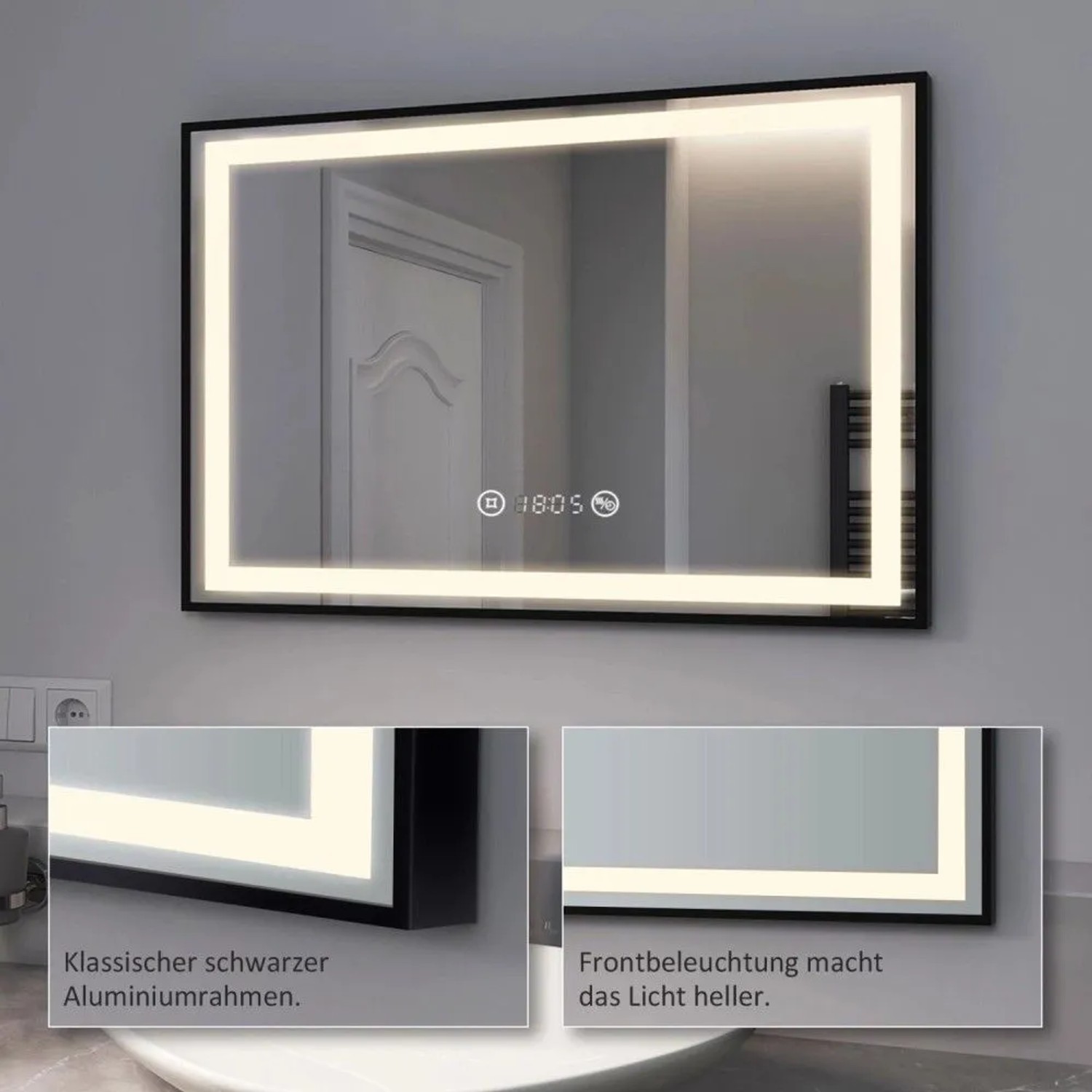 Emke Badspiegel 80x60cm mit schwarzem Rahmen, LED-Beleuchtung, Touch-Bedienung, Uhr, Temperatur und Antibeschlag.