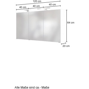 Held Möbel Bari Spiegelschrank 120 cm in Wotaneiche mit LED-Leuchten und drei Spiegeltüren.