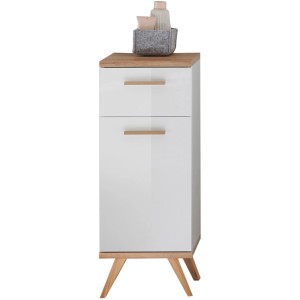 Pelipal Quickset Bad Unterschrank, 35,5 cm, weiß glänzend mit Holzgriffen und Füßen.