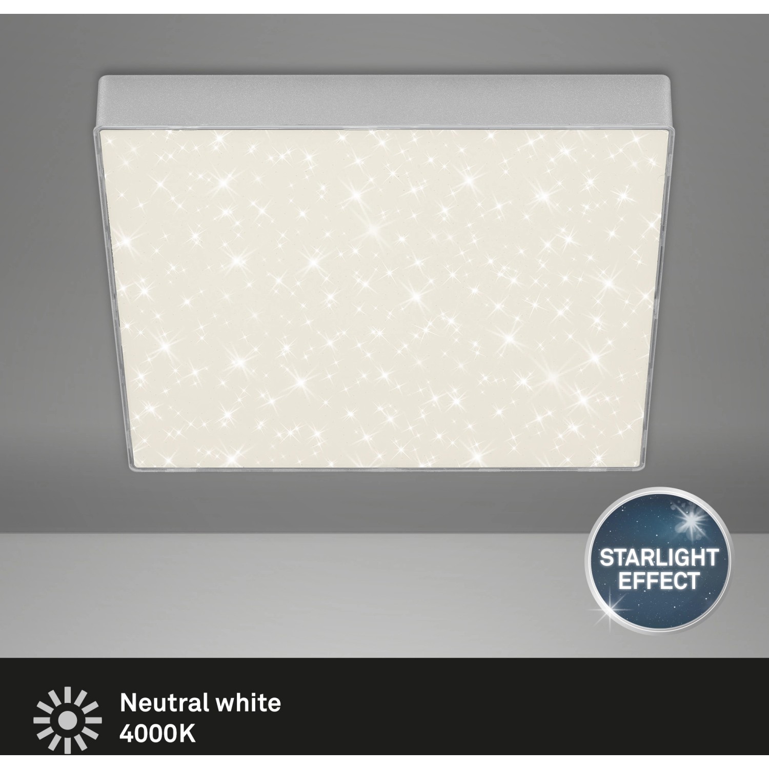 Silberne LED-Deckenleuchte Flame Star Ø 28,7 cm mit Sternendekor für stimmungsvolle Beleuchtung.