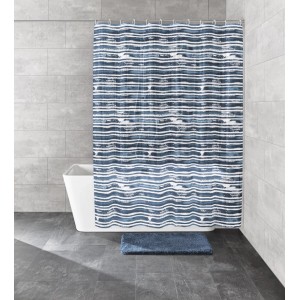 Kleine Wolke Duschvorhang Raia Navy, blaues Wellenmuster, 180x200 cm.