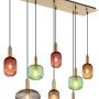 Moderne Globo Pendelleuchte Normy, 8-flammig mit bunten Glasschirmen und messingfarbener Halterung.
