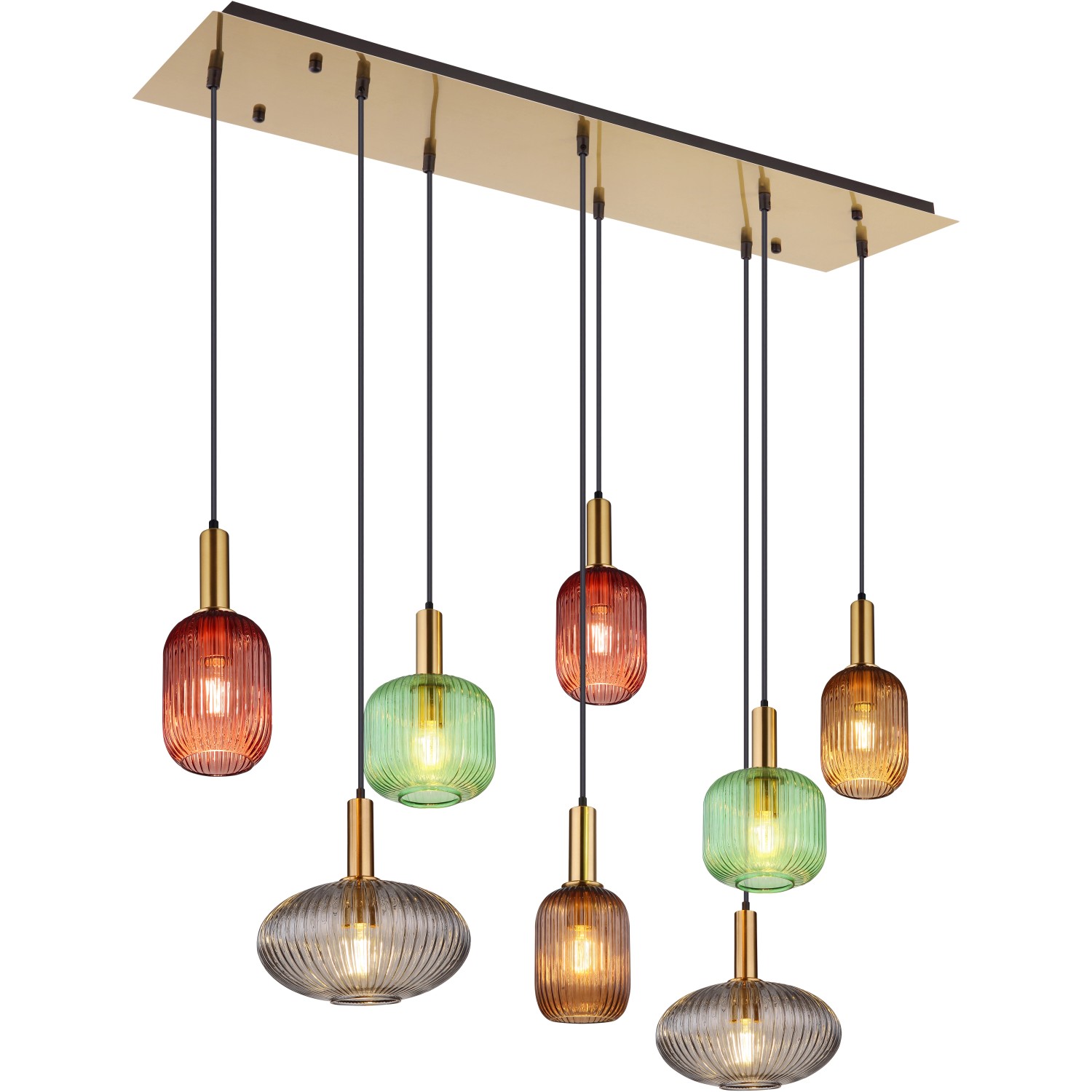 Moderne Globo Pendelleuchte Normy, 8-flammig mit bunten Glasschirmen und messingfarbener Halterung.