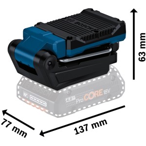 Bosch Professional Akku-Lampe GLI 18V-800 mit Maßen, auf einem Akku montiert.