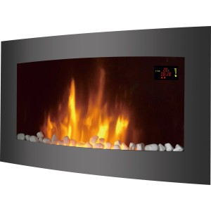 Elektrokamin Flemma mit LED-Ambientelicht, 2000 W, schwarzer Rahmen, Flammeneffekt und weißen Ziersteinen.