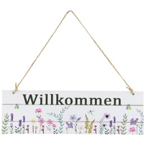 Buntes Türschild 'Willkommen' aus Holz mit Blumenmuster, 29,5 cm, pastellfarben.