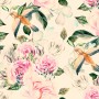 Fototapete mit Blumen, Vögeln in Rosa, Grün, Blau und Braun. Florales Muster.