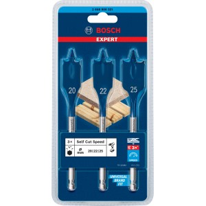 Bosch Flachfräsbohrer Set Expert Self Cut Speed, 3-teilig (20/22/25 mm) für schnelles Bohren in Weichholz.