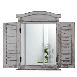 Grauer Wandspiegel im Shabby-Look mit Fensterläden, Holz und Metall, ca. 53x42x5 cm.