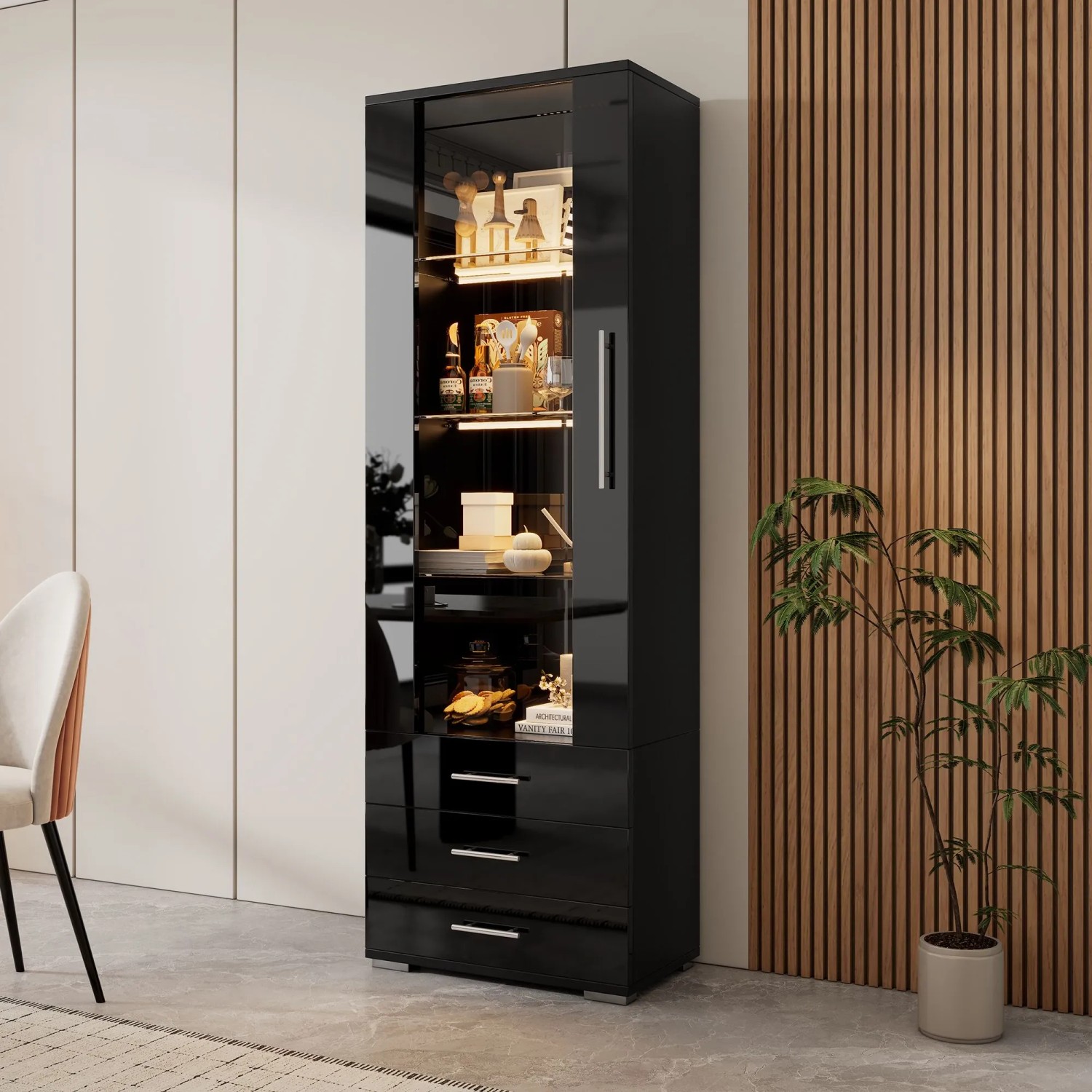 okwish Vitrine mit LED Beleuchtung Schubladen Glasvitrine Wohnzimmer 60x35x180cm Schwarz_2