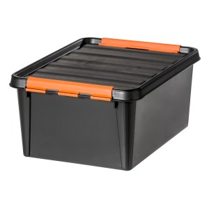 Schwarze SmartStore Pro Aufbewahrungsbox 14 l mit orangefarbenen Verschlüssen.