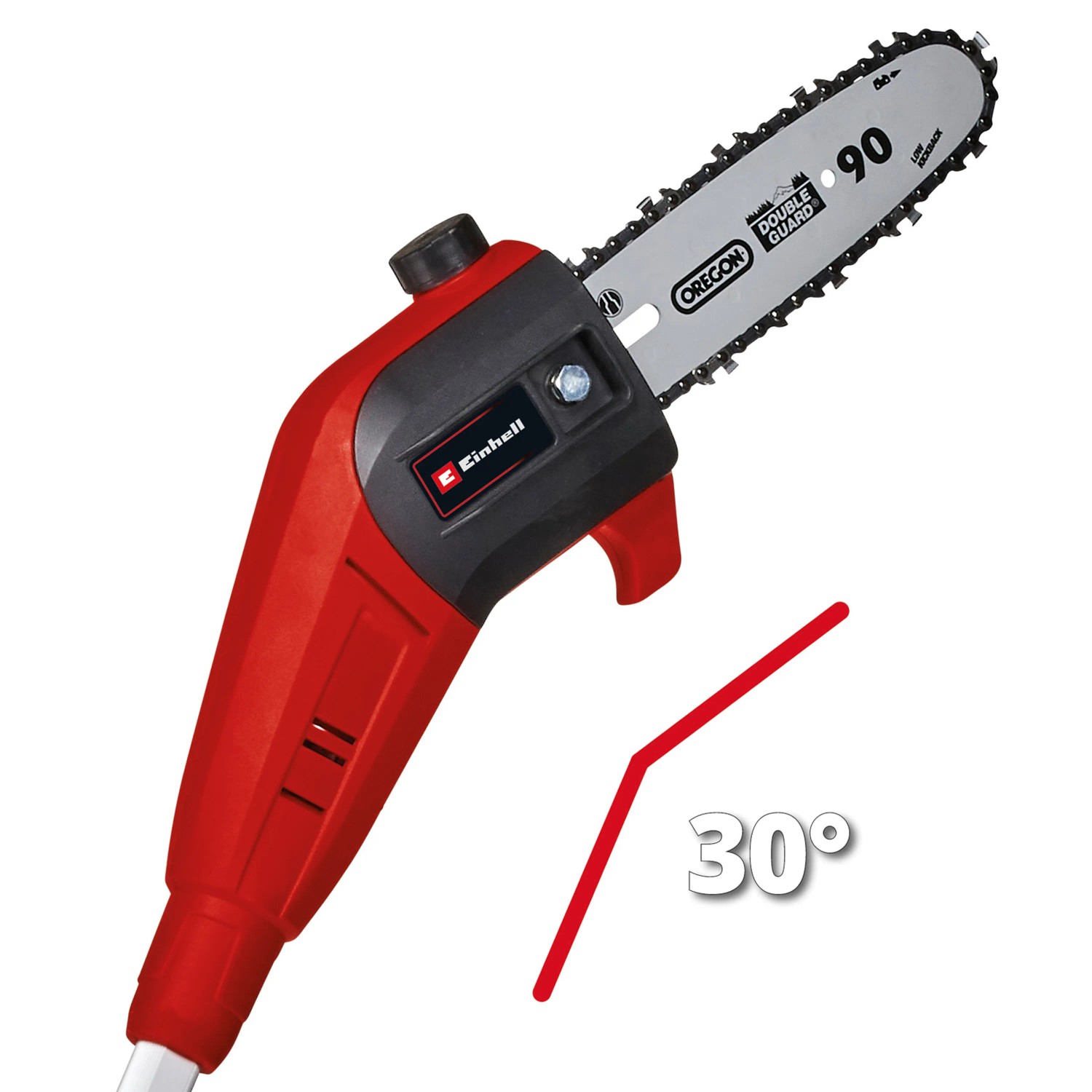 Einhell Akku-Hochentaster GC-LC 18/20 Li T-Solo mit 30° geneigtem Kopf und Oregon-Kette.