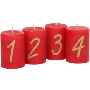 4er-Pack rubinrote Stumpenkerzen (80/58 mm) mit goldenen Zahlen für Adventskranz.