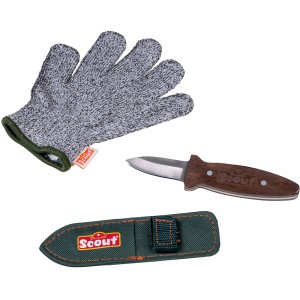 Scout Schnitzhandschuhe für Kinder mit Messer und Scheide. Ideal zum sicheren Schnitzen.