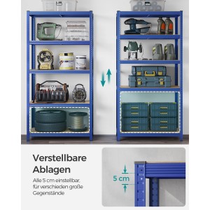 Blaues Songmics Lagerregal, 50x100x200 cm, mit verstellbaren Regalböden und diversen Gegenständen.