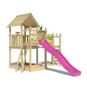 Jungle Gym Spielturm Lookout mit Wackelbrücke, Kletterrampe und fuchsia Rutsche.
