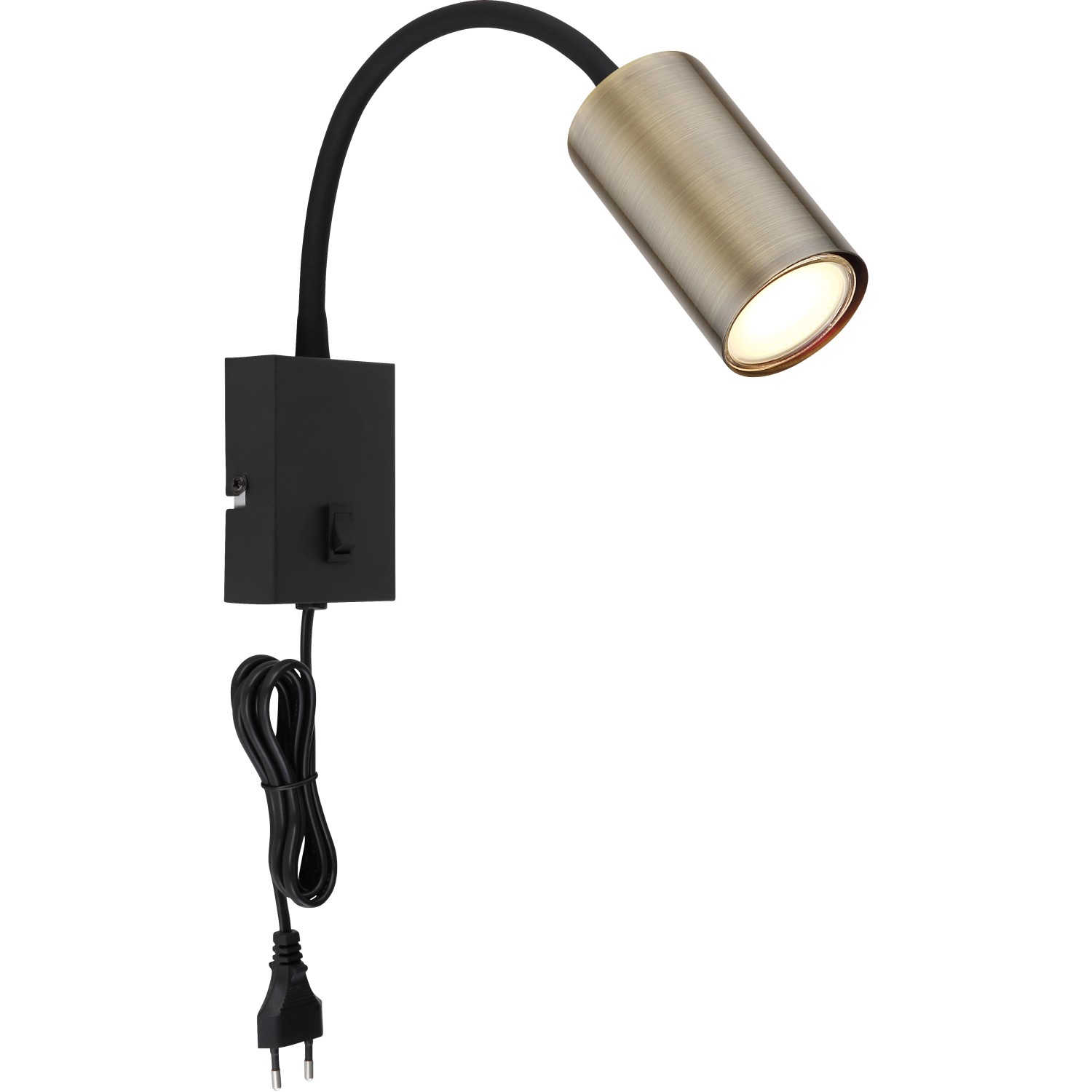 Schwarze Globo Wandlampe Robby mit Flexarm und altmessingfarbenem Lampenkopf.
