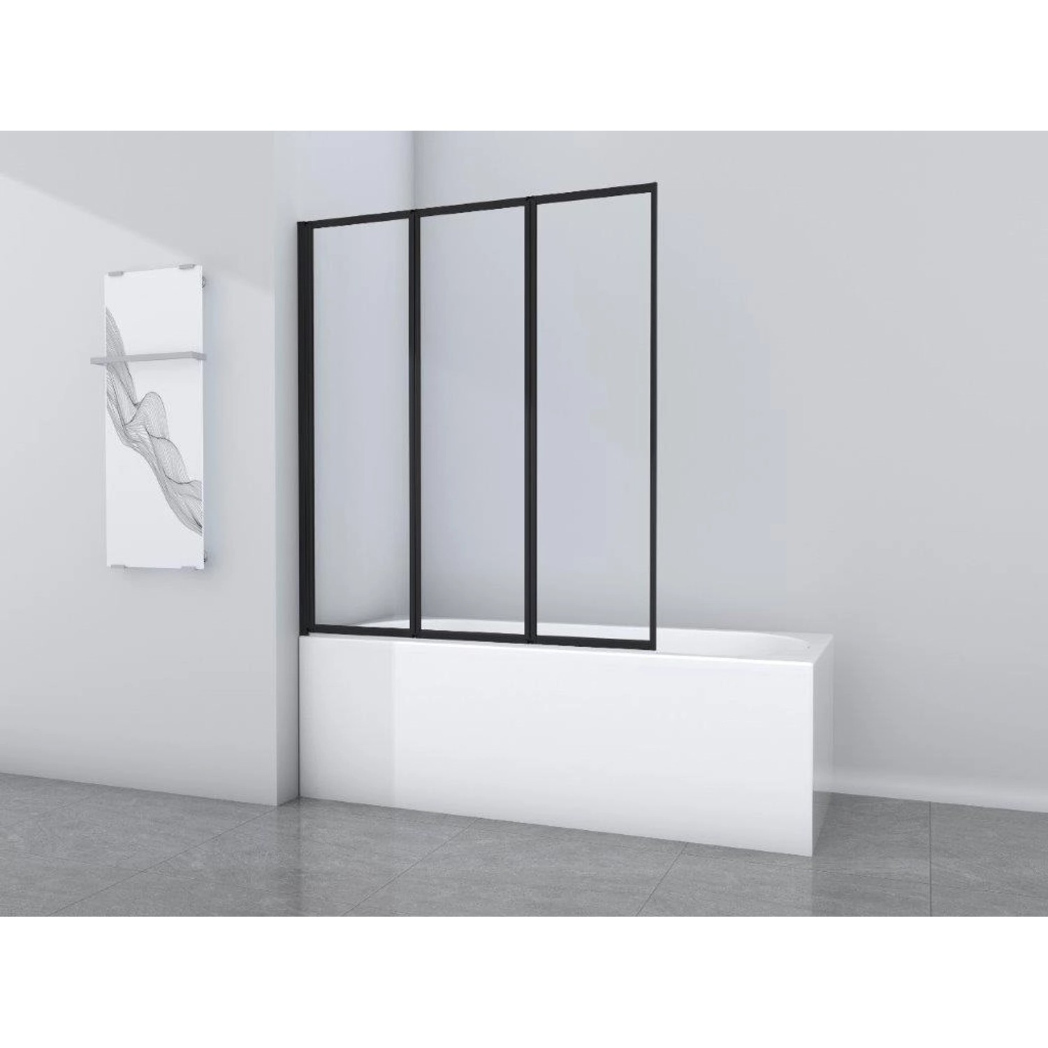 Aurlane Badewannenfaltwand Black Star, 3-teilig, mit schwarzem Rahmen auf einer weißen Badewanne.