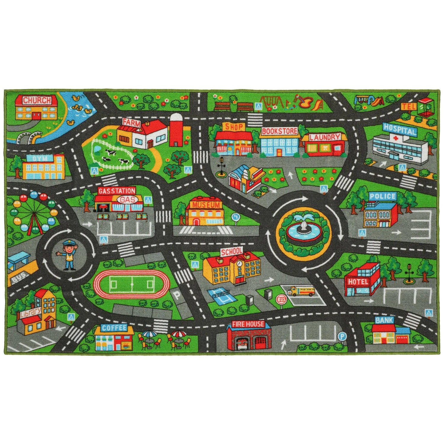 AIYAPLAY Spielmatte aus Kunstfasern mit detailliertem Stadtplan, Straßen und bunten Gebäuden für Kinder.