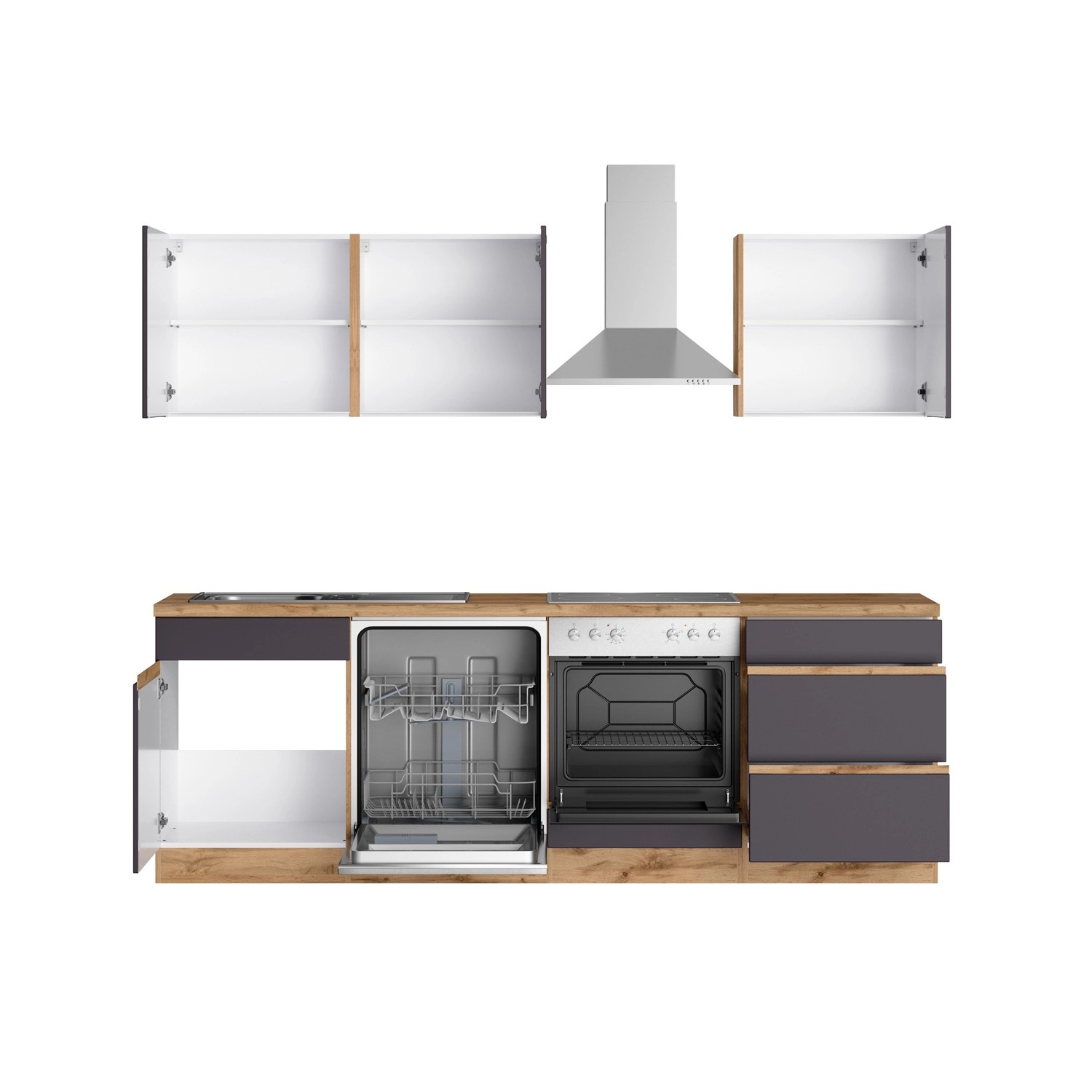 Held Möbel Küchenzeile Turin 240 cm in Graphit-Wotaneiche mit E-Geräten wie Herd, Spüle und Geschirrspüler.