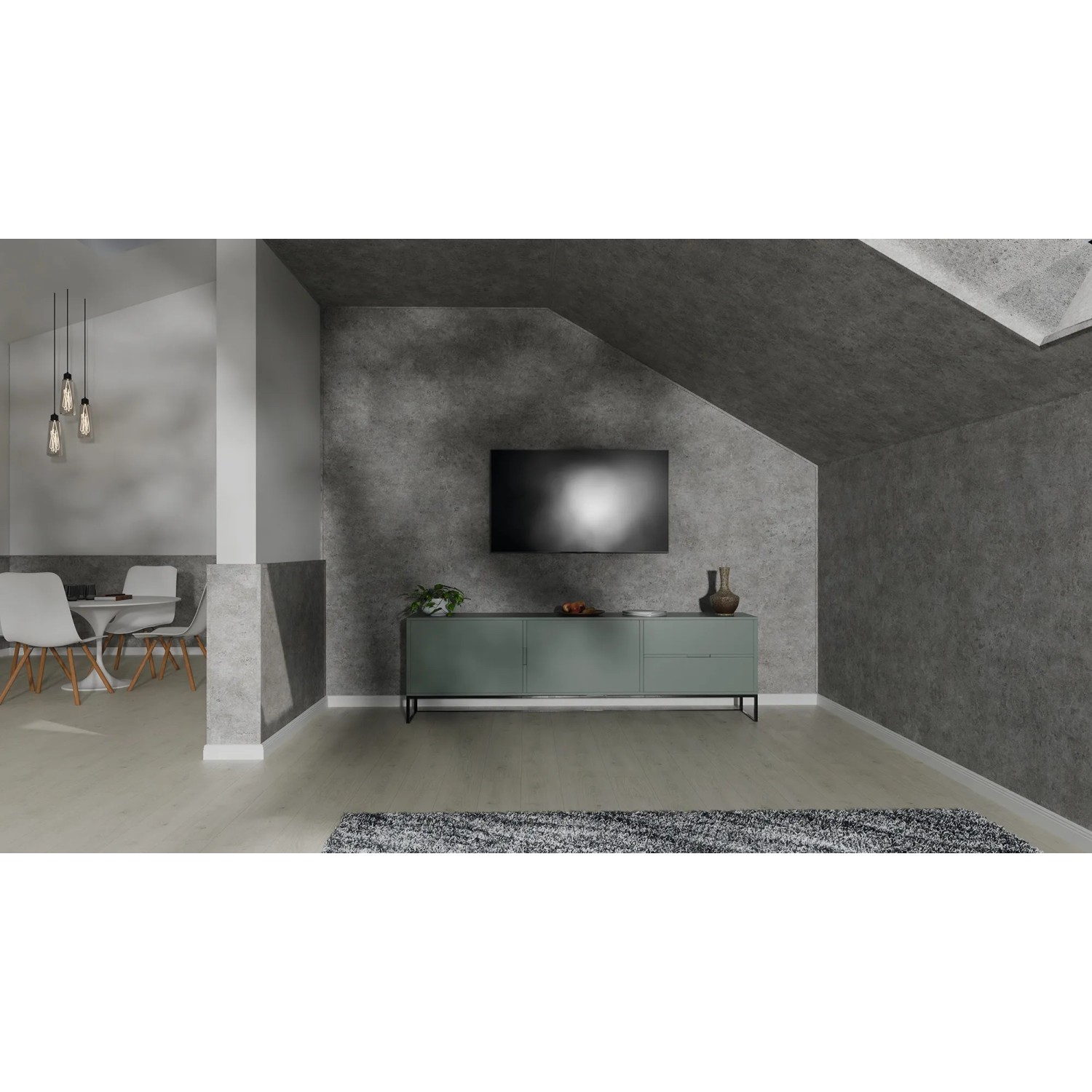 Wohnraum mit Egger Decowall Faltleiste FL003 Rovigo Beton als Wandverkleidung.