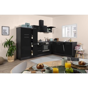 Respekta Premium Winkelküche in Schwarz Hochglanz und Eiche Grau mit E-Geräten.