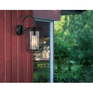 Schwarze, moderne Globo Außenleuchte mit Metallstäben und klarem Zylinder, 160x325 mm.