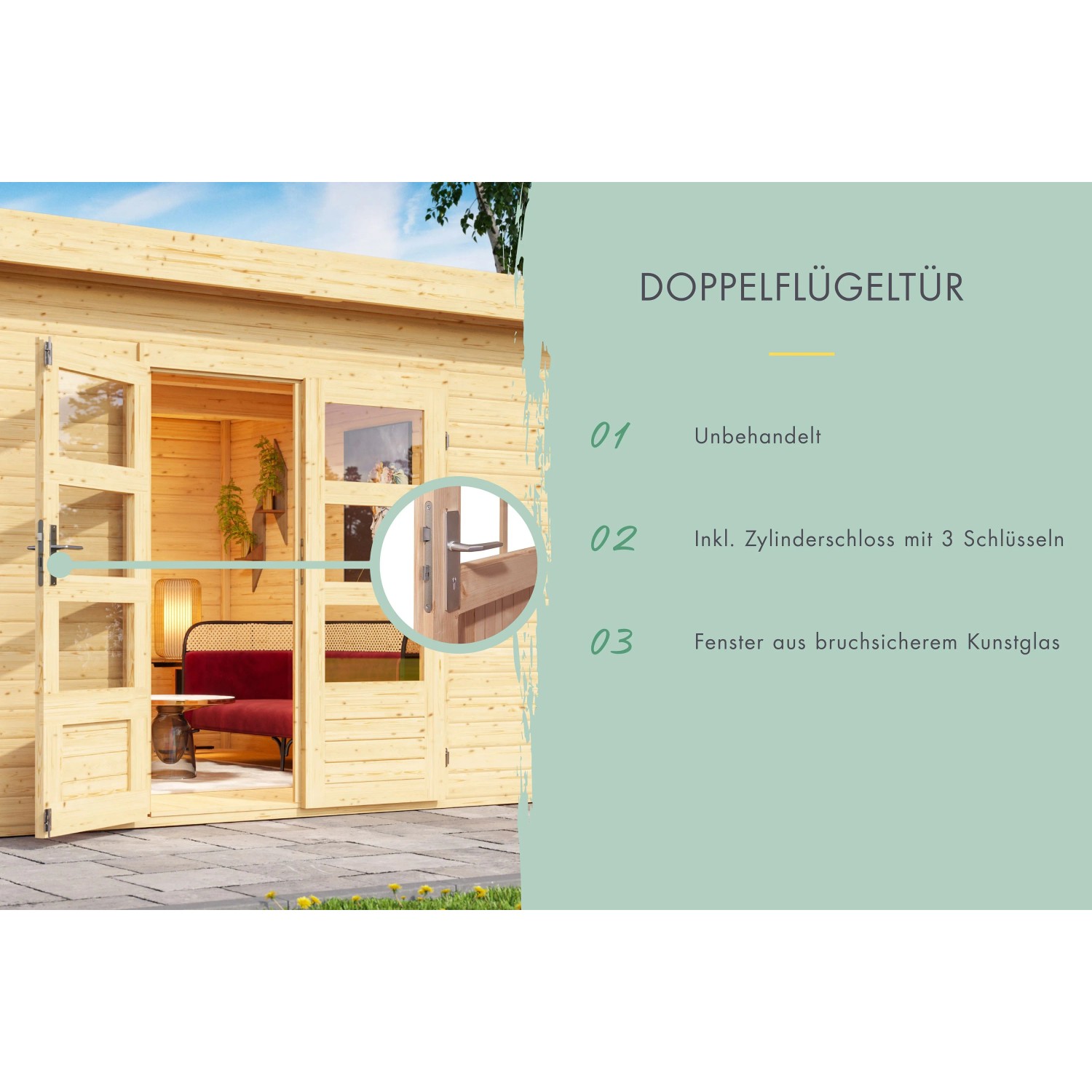 Detailansicht: Doppelflügeltür mit Fenster des unbehandelten Karibu Holz-Gartenhauses Glostrup.
