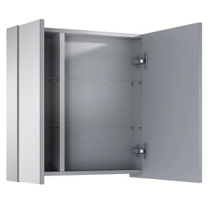 Offener Roca Basic Spiegelschrank mit 2 Türen, 61,8x60,6x12,9 cm, mit Glasablagen.