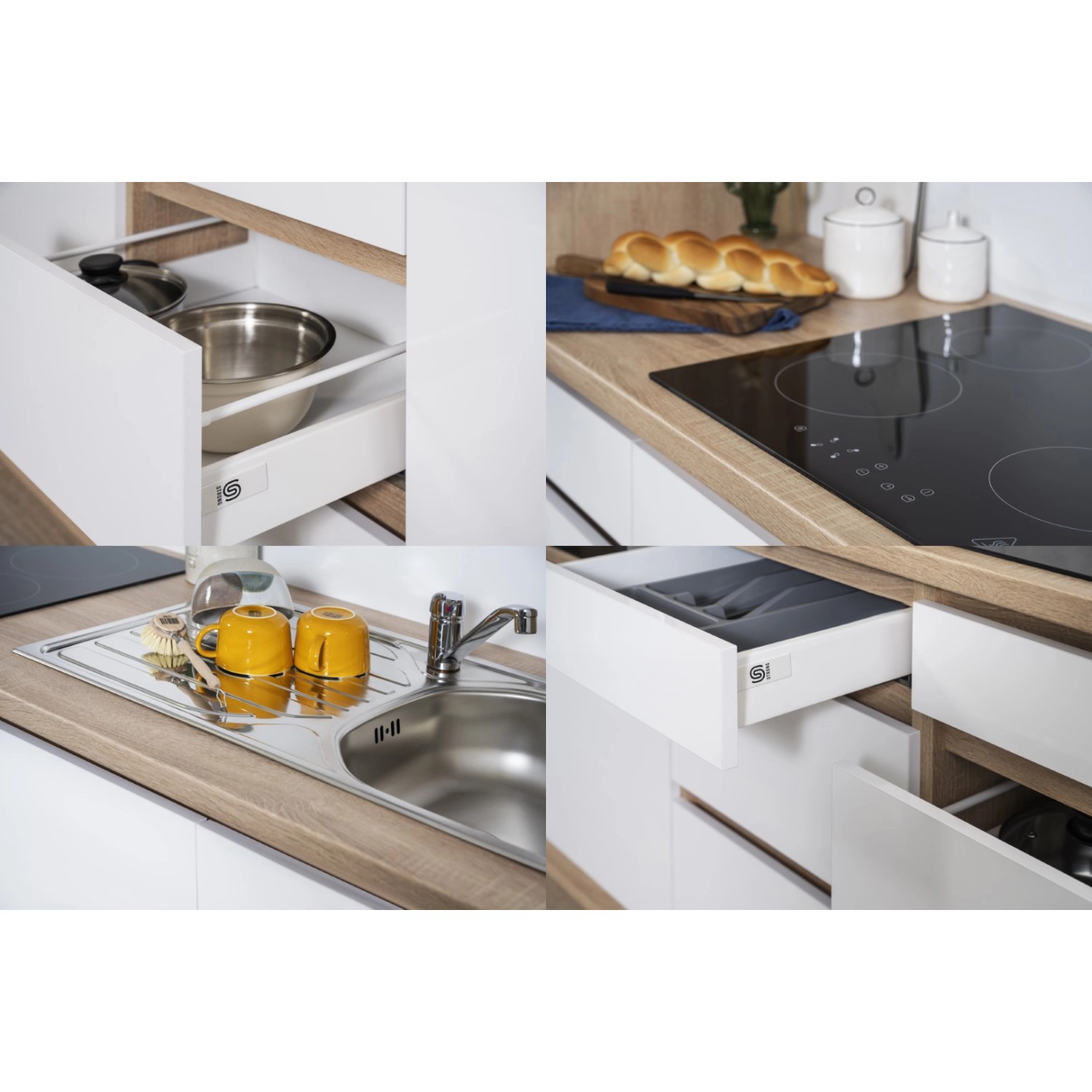 Respekta Küchenzeile 370cm, grifflos, weiß hochglanz mit Eiche Sägerau Arbeitsplatte und Details.