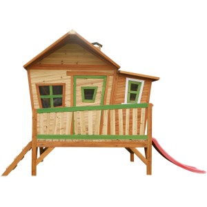 Axi Emma Spielhaus aus Holz mit roter Rutsche, braun und grün, für Kinder zum Spielen im Garten.