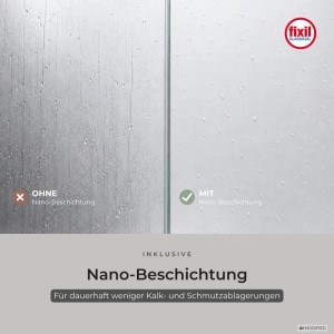 Visueller Vergleich: Duschglas ohne und mit Nano-Beschichtung. Die beschichtete Seite zeigt abperlende Wassertropfen, die unbeschichtete Seite Wasserflecken. Weniger Kalk, leichter zu reinigen.