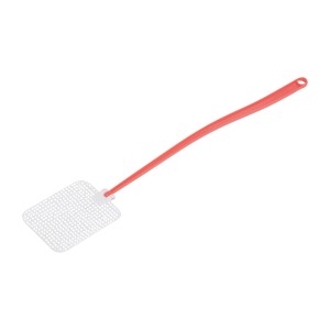 Fliegenklatsche, 45,5 cm, weiße Schlagfläche, roter Stiel, aus Kunststoff.