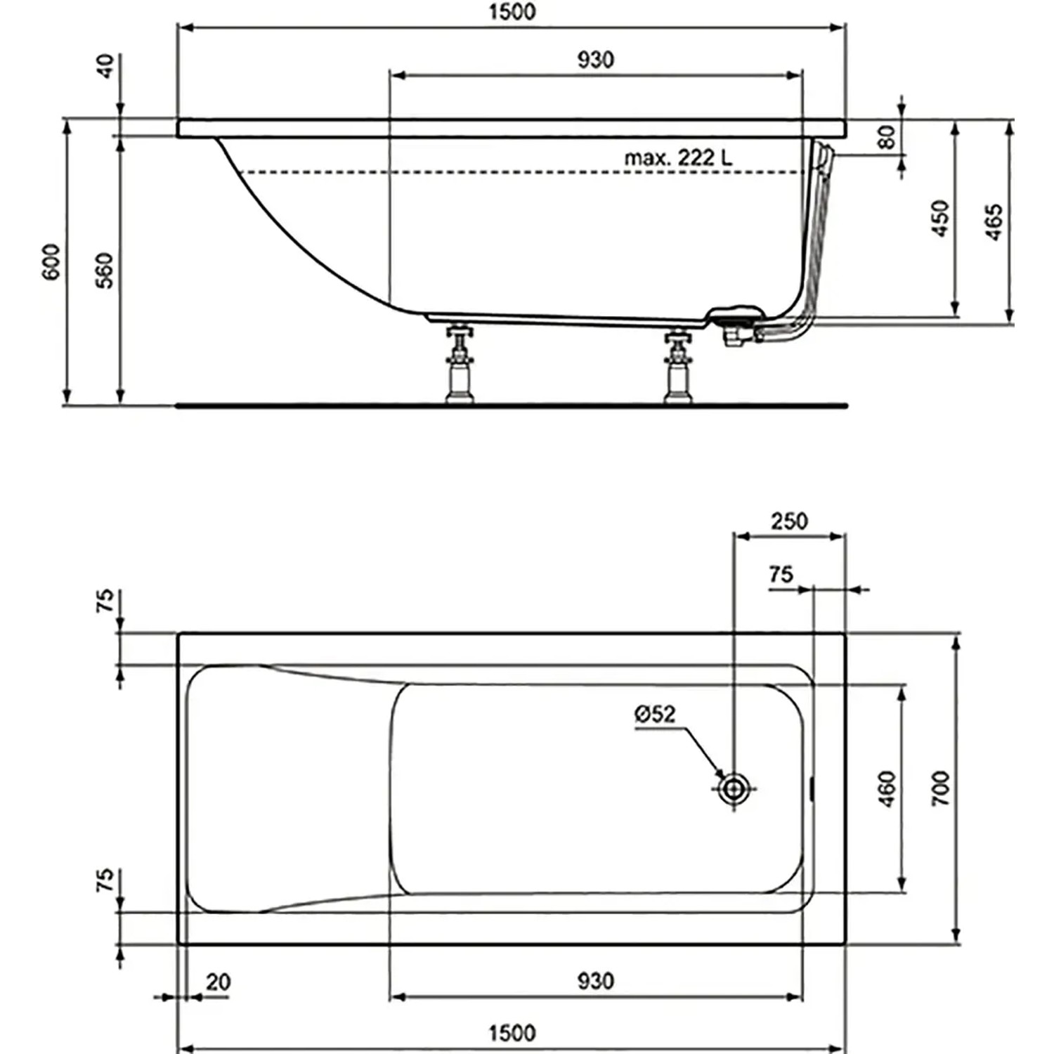 Technische Zeichnung Ideal Standard Connect Air Badewanne, 150x70 cm, Maße und Details.
