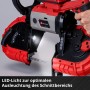 Einhell Akku-Bandsäge TE-MB 18/127 Li-Solo: Rote Bandsäge mit LED-Licht im Einsatz.