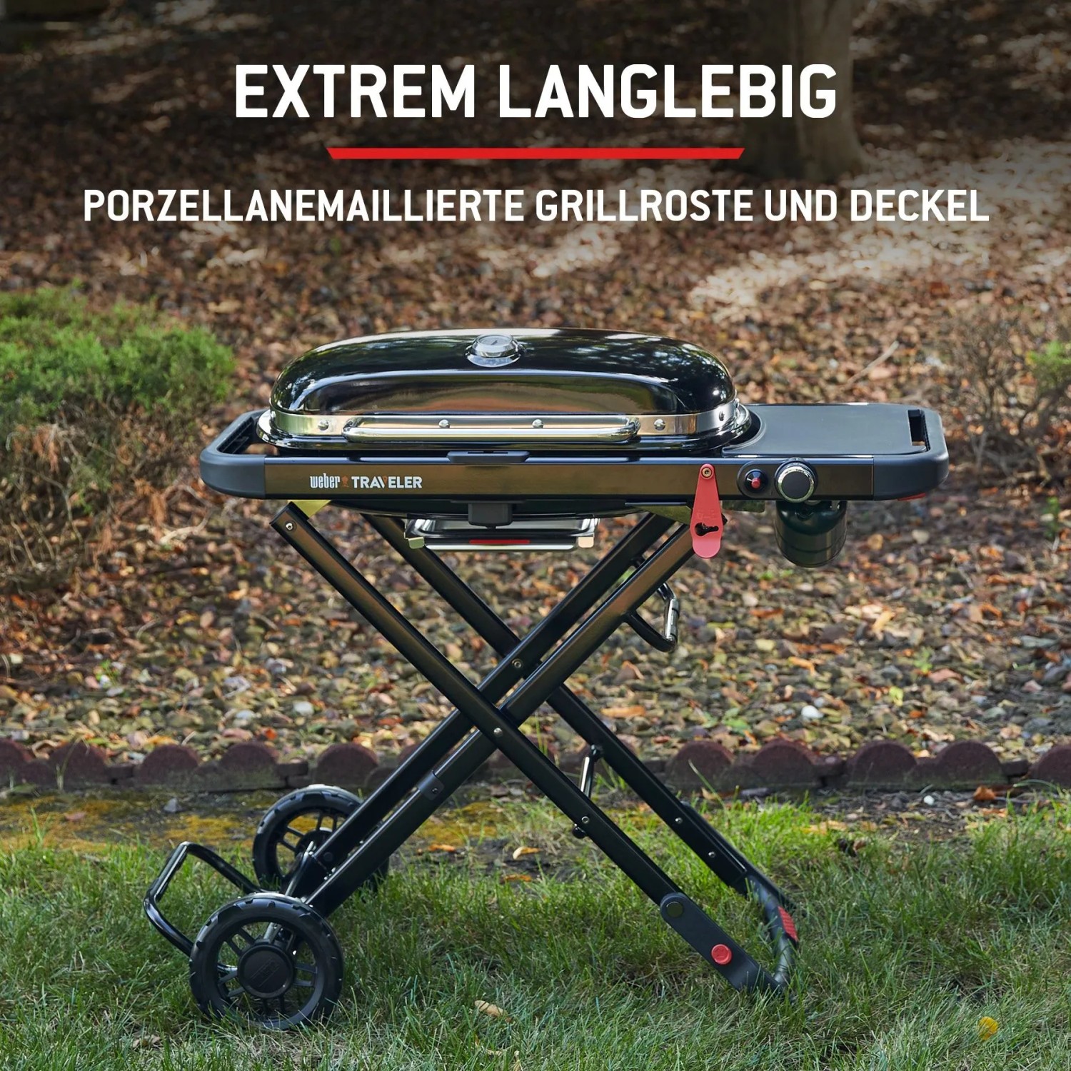 Weber Camping-Gasgrill Traveler mit Rollwagen, 1 Brenner, schwarz. Mobiler Grill für unterwegs.