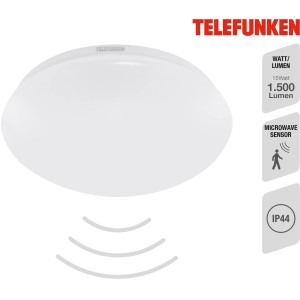 Weiße Telefunken LED-Deckenleuchte Apollon, Ø 27,8 cm, mit Bewegungssensor und IP44 Schutz.