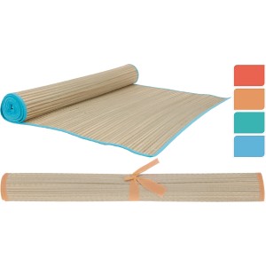 Strandmatte im Strohdesign, 60x180 cm, in verschiedenen Farben erhältlich, gerollt und offen dargestellt.