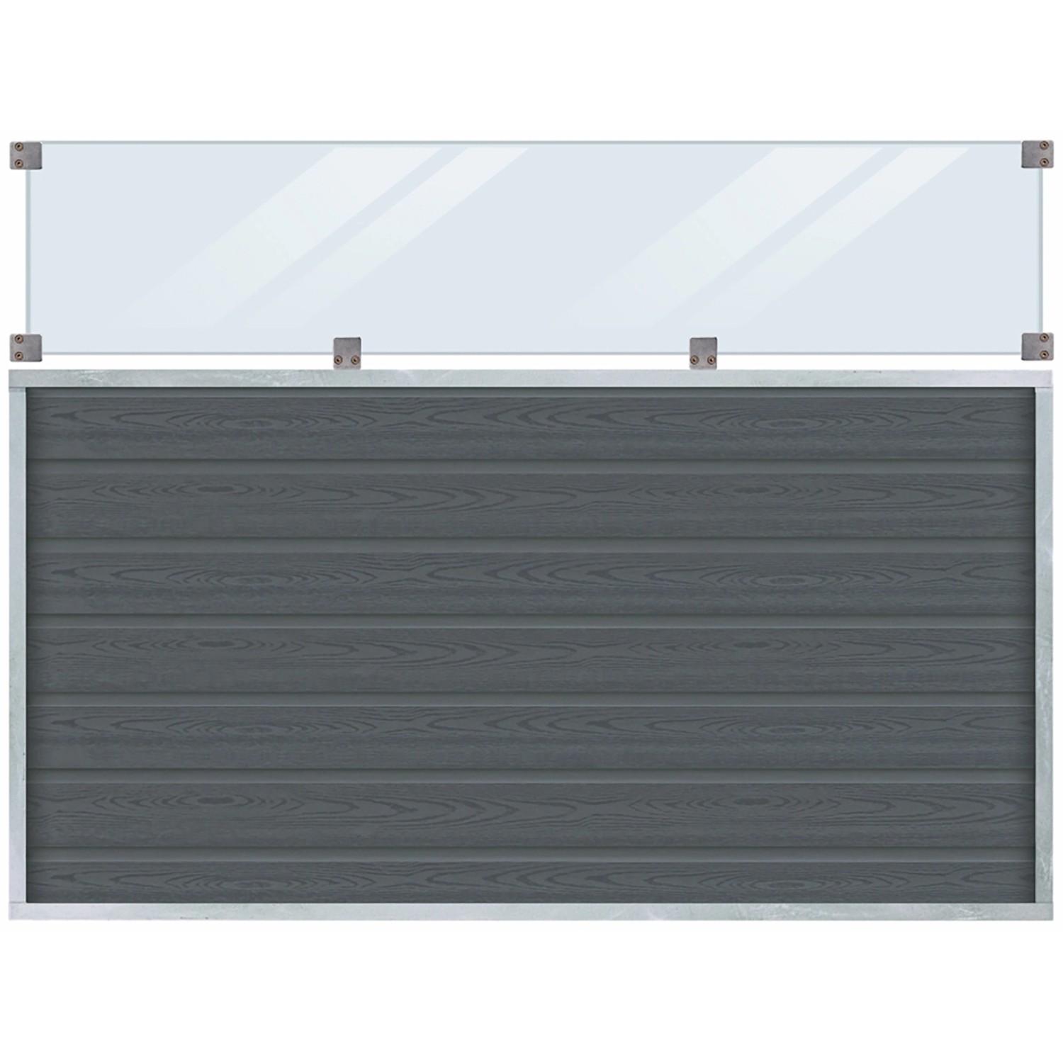 Sichtschutzzaun Artura, WPC Schiefergrau mit Glaselement, 180x135 cm. Moderner Zaun für den Garten.