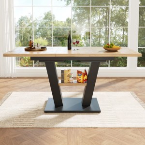 okwish Esstisch mit ausziehbarer Holzplatte, dunklem V-Gestell und Ablagefach. Modern für Küche/Wohnzimmer.