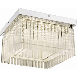 Quadratische LED-Deckenleuchte VINCE in Chrom mit Glasstäben und Kristallen.