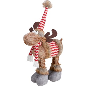 Stehendes Stoff-Rentier (63 cm) mit roter Mütze und Schal als Weihnachtsdekoration.