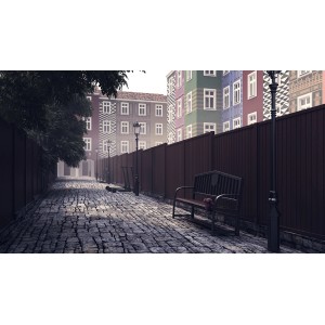 Braunes Sichtschutzzaunelement Oxford (180x90cm) entlang eines gepflasterten Weges.