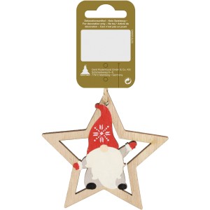 Weihnachtlicher Deko-Stern Anhänger mit Wichtel aus Holz, 9cm, naturfarben.