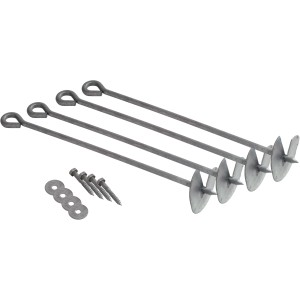 Spielhaus Befestigungsset mit 4 Erdnägeln, Schrauben und Unterlegscheiben.