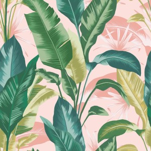 Envy Vliestapete Leaf It Out: Rosa-grünes Blätterdesign für tropisches Flair an der Wand.