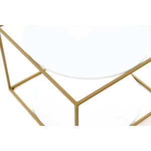 Kayoom Beistelltisch Cody, weiß-goldener Metallrahmen, 2 Glasablagen, Ø 50 cm.