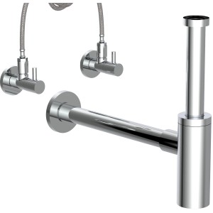 Chrom Waschbecken Siphon von Kirchhoff Design, Komplettset mit Wandrosette und Dichtung.